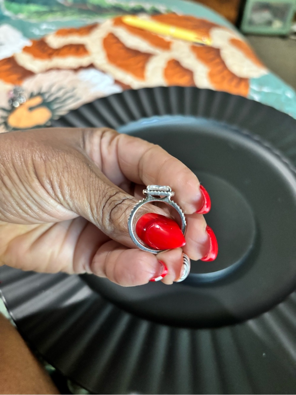 Pandora Silver Ring with Clear Stones and Red Accents